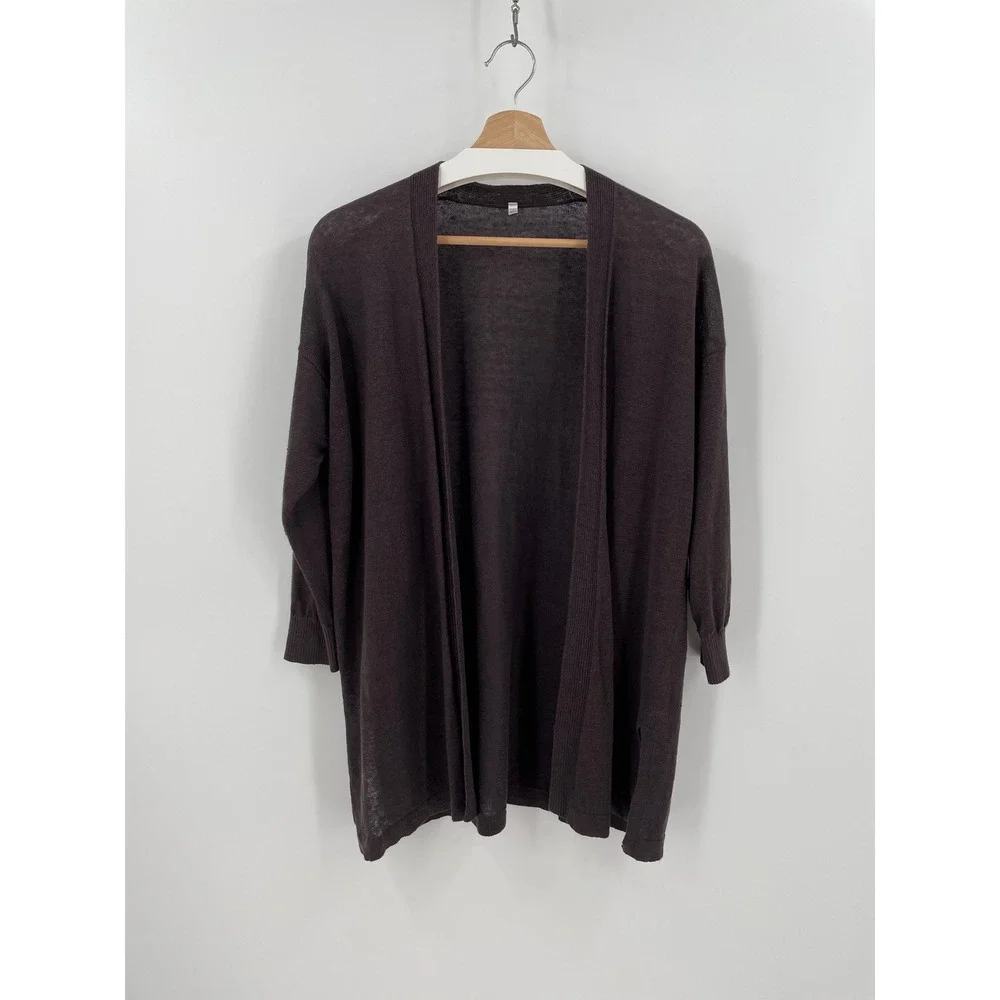 Muji Linen Blend Cardigan Sweater M L Dark Brown Chocolate Open Front Layer Top - Picture 1 of 8